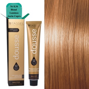 Vopsea de par cu 12 uleiuri hranitoare si putin amoniac Dousse Tassel nr 8.34, Blond Luminos Auriu Cupru 100 ml