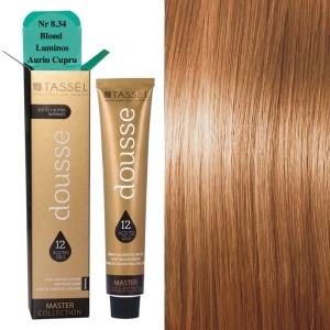 Vopsea de par cu 12 uleiuri hranitoare si putin amoniac Dousse Tassel nr 8.34, Blond Luminos Auriu Cupru 100 ml