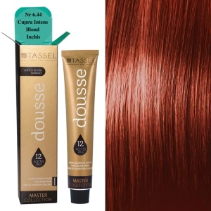 Vopsea de par cu 12 uleiuri hranitoare si putin amoniac Dousse Tassel nr 6.44, Cupru Intens Blond Inchis 100 ml
