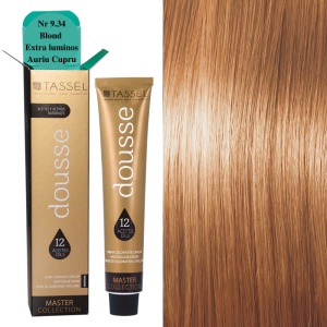 Vopsea de par cu 12 uleiuri hranitoare si putin amoniac Dousse Tassel nr 9.34, Blond Extra Luminos Auriu Cupru 100 ml