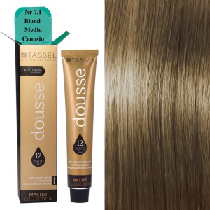 Vopsea de par cu 12 uleiuri hranitoare si putin amoniac Dousse Tassel nr 7.1, Blond Mediu Cenusiu 100 ml