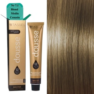 Vopsea de par cu 12 uleiuri hranitoare si putin amoniac Dousse Tassel nr 7.1, Blond Mediu Cenusiu 100 ml