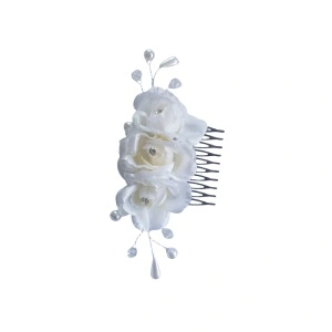Accesoriu pentru par, trandafiri albi, pietricele (strasuri) si perle albe, cu pieptene de prins - 1 buc - Img 2