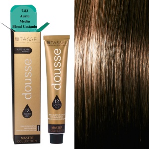 Vopsea de par cu 12 uleiuri hranitoare si putin amoniac Dousse Tassel nr 7.83, Auriu Mediu Blond Castaniu 100 ml