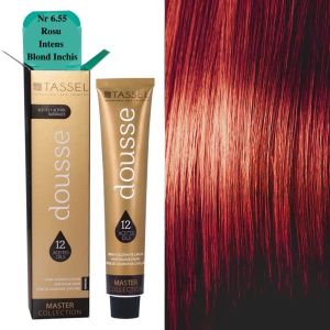 Vopsea de par cu 12 uleiuri hranitoare si putin amoniac Dousse Tassel nr 6.55, Rosu Intens Blond Inchis 100 ml