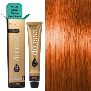 Vopsea de par cu 12 uleiuri hranitoare si putin amoniac Dousse Tassel nr 7.43, Cupru Mediu Blond Luminos 100 ml