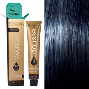 Vopsea de par cu 12 uleiuri hranitoare si putin amoniac Dousse Tassel nr 1.1, Negru Albastrui 100 ml