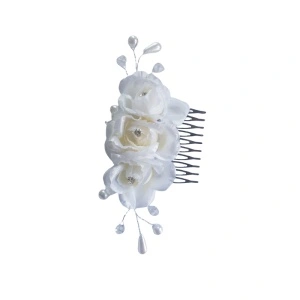 Accesoriu pentru par, trandafiri albi, pietricele (strasuri) si perle albe, cu pieptene de prins - 1 buc