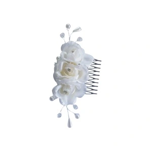 Accesoriu pentru par, trandafiri albi, pietricele (strasuri) si perle albe, cu pieptene de prins - 1 buc - Img 3