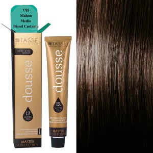 Vopsea de par cu 12 uleiuri hranitoare si putin amoniac Dousse Tassel nr 7.85, Mahon Mediu Blond Castaniu 100 ml