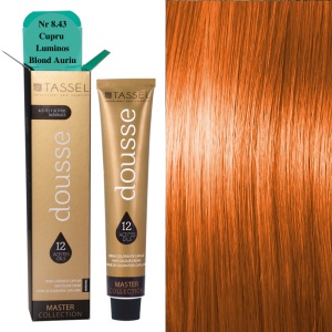 Vopsea de par cu 12 uleiuri hranitoare si putin amoniac Dousse Tassel nr 8.43, Cupru Luminos Blond Auriu 100 ml