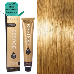 Vopsea de par cu 12 uleiuri hranitoare si putin amoniac Dousse Tassel nr 9.33, Blond Extra Luminos Intens Auriu 100 ml