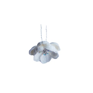 Ac pentru par, din metal, floare alba cu pietricele (strasuri), accesoriu pentru coc - 1 buc - Img 4