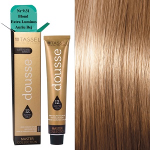 Vopsea de par cu 12 uleiuri hranitoare si putin amoniac Dousse Tassel nr 9.31, Blond Extra Luminos Auriu Bej 100 ml
