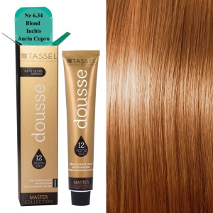 Vopsea de par cu 12 uleiuri hranitoare si putin amoniac Dousse Tassel nr 6.34, Blond Inchis Auriu Cupru 100 ml