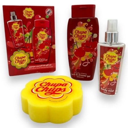 CHUPA CHUPS Caseta Cadou Gel de Dus 300 ml + Burete Baie + Body Mist 100 ml Cheeky Cherry  - Img 2