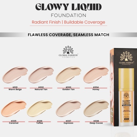 Fond de ten Global Fashion, Glowy Liquid Foundation 4în1: Primer + Corector + Iluminator + BB cream, SPF 15, K035,Caramel - Img 2