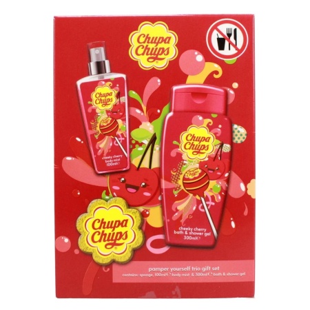CHUPA CHUPS Caseta Cadou Gel de Dus 300 ml + Burete Baie + Body Mist 100 ml Cheeky Cherry  - Img 3