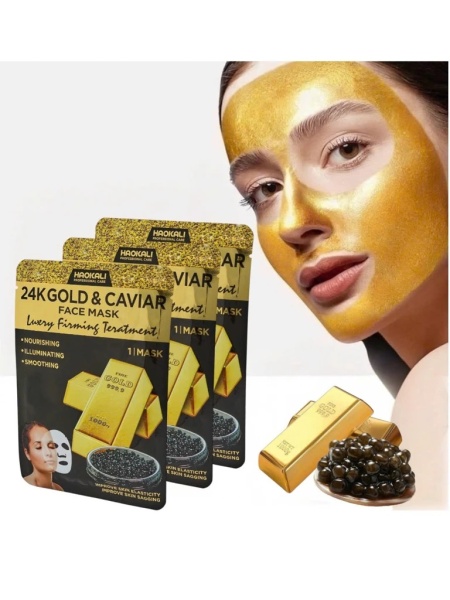 Mască de față HAOKALI 24K Gold&amp;Caviar Face Mask - 10 bucati - Img 2