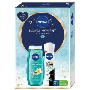 Set NIVEA: Gel de dus revigorant Hawaii Flower & Oil, 250 ml + Deodorant spray Invisible Black & White Clear 150 ml