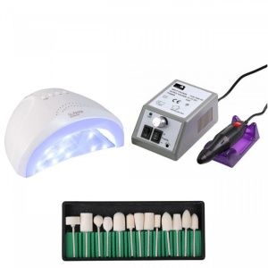 Set unghii false, Lampa LED, Model SUN ONE, 48 W, Freza electrica profesionala, 20.000 rpm, si Set 13 capete de lucru universale
