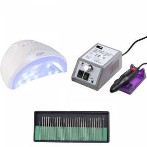 Set unghii false, Lampa LED, Model SUN ONE, 48 W, Freza electrica profesionala, 20.000 rpm, si Set 30 capete de lucru universale