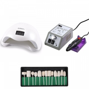 Set unghii false, Lampa LED, Model SUN 5, 48 W, Freza electrica profesionala, 20.000 rpm, si Set 13 capete de lucru universale