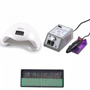 Set unghii false, Lampa LED, Model SUN 5, 48 W, Freza electrica profesionala, 20.000 rpm, si Set 30 capete de lucru universale