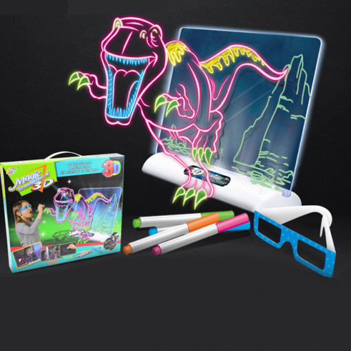 Tableta Magica Pentru Desen Magic 3D,Efecte de Iluminare, Modele de Desen cu Dinozauri, 4 Pixuri Colorate, Dezvolta Creativitatea si Imaginatia