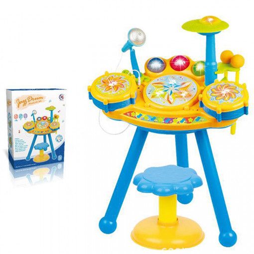 Set Muzical pentru Copii cu Orga Electronica, Microfon si Set de Tobe, Scaunel Inclus, Galben/Albastru