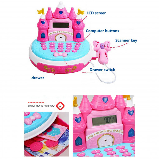 Casa de Marcat, Model Castel Printese, include calculator real, Scanner de Produse si Multiple accesorii de infrumusetare fetite, Roz