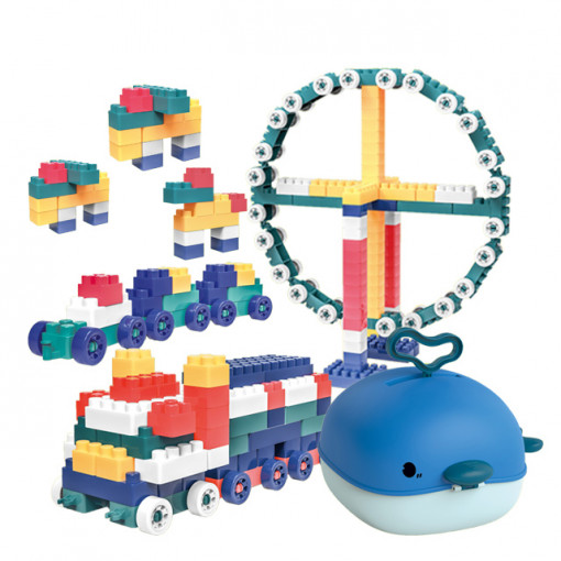 Set Jucarie de rol, trusa set de constructii 2in1 tip mini rucsac,"Balena Minunata",portabil, albastra