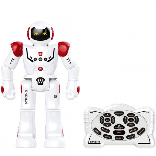 Robot interactiv, control infrarosu, Lumini LED si telecomanda, Miscari multiple si dans, Sunete si muzica, USB inclus, alb rosu