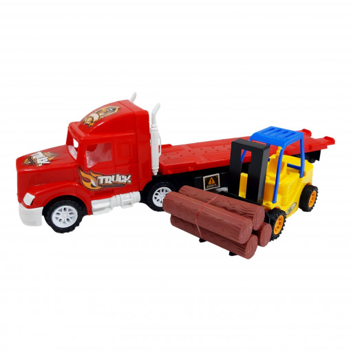 Set 2 masinute,1 X Tractor inertial, 1 x,motostivuitor cu lemne, cabina rosu