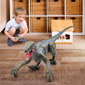 Jucarie interactiva Dinozaur cu telecomanda, Velociraptor cu lumini si sunete, Gri - Img 1
