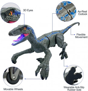 Jucarie interactiva Dinozaur cu telecomanda, Velociraptor cu lumini si sunete, Gri - Img 9