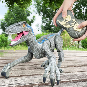 Jucarie interactiva Dinozaur cu telecomanda, Velociraptor cu lumini si sunete, Gri - Img 17