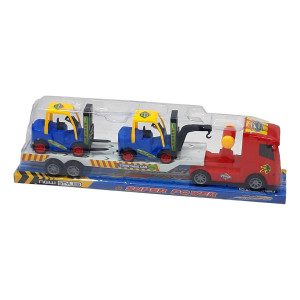 Set 3 masinute, Camion cu frictiune si 2 x mini masini, cabina rosu - Img 2