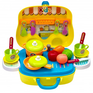 Set Bucatarie Copii "Valiza pe roti" 2 in 1, maner portabil si roti, lumini si sunet, cu accesorii de bucatarie - Img 2