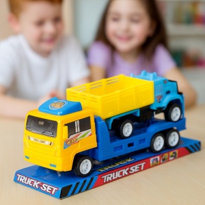 Set Camion de jucarie cu trailer tractare si camion cu remorca, Galben