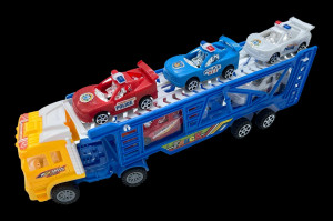 Set masinute, Camion cu Trailer Supraetajat si 5 Masinute, cu frictiune, Capota galben, Multicolor - Img 2