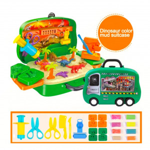 Set Plastilina pentru copii, Set creativ cu Dinozauri "Valiza pe roti" 2 in 1, maner portabil si roti, cu plastilina si accesorii forme - Img 2