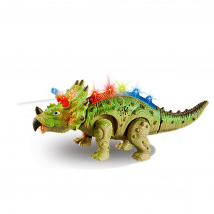 Jucarie Dinozaur Cu Baterii Triceratops, Lumini Multicolore, Sunete Si Miscari Realiste Interactive, Verde, 25 cm - Img 2