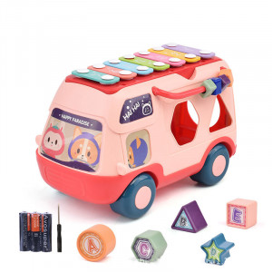 Jucarie interactiva autobuz xilofon si sortare de forme, roz - Img 5