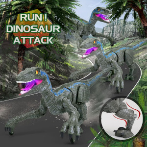 Jucarie interactiva Dinozaur cu telecomanda, Velociraptor cu lumini si sunete, Gri - Img 18