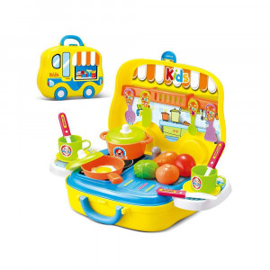 Set Bucatarie Copii "Valiza pe roti" 2 in 1, maner portabil si roti, lumini si sunet, cu accesorii de bucatarie - Img 3