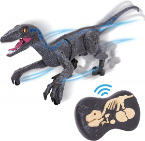 Jucarie interactiva Dinozaur cu telecomanda, Velociraptor cu lumini si sunete, Gri - Img 19