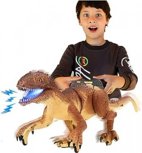 Jucarie interactiva Dinozaur Raptor Gigant cu telecomanda RC, 2.4 Ghz, sunete si lumini, Maro, 49x21x17 cm - Img 1
