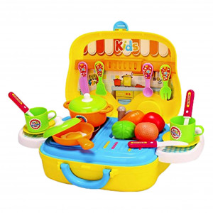 Set Bucatarie Copii "Valiza pe roti" 2 in 1, maner portabil si roti, lumini si sunet, cu accesorii de bucatarie - Img 9
