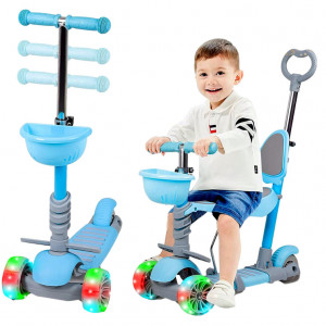 Trotineta Pentru Copii, MANINI, 5 in 1, Cu 3 Roti Luminoase, Ghidon Reglabil Pe Inaltime, Scaun Detasabil, Culoare Albastru - Img 1